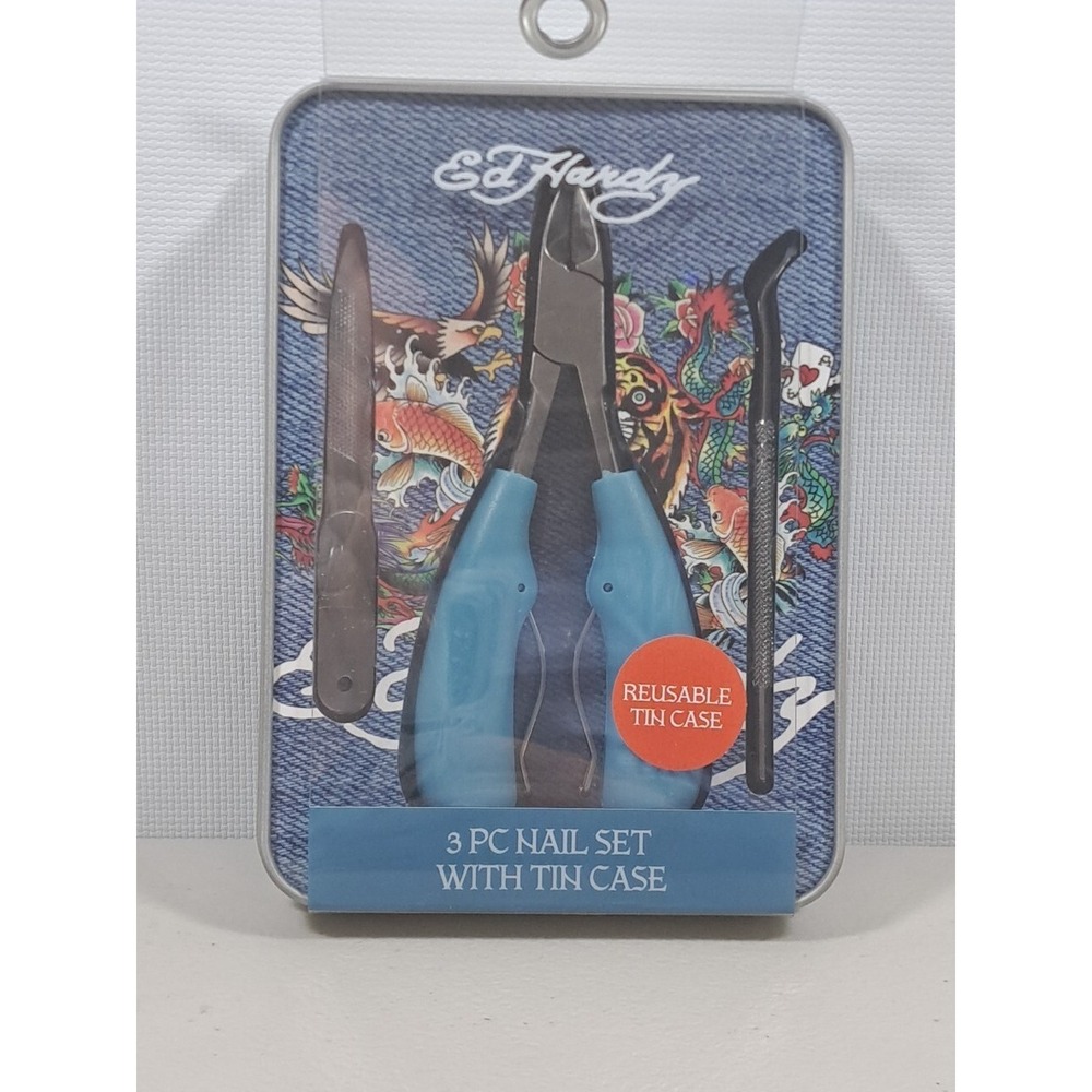 Ed Hardy Rare 3 Pc Nail Set With Tin Case - Reusable Tin Case Great Gift Idea
